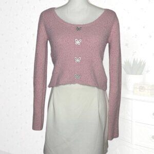 No Boundaries Medium Pink Fuzzy Crop Sweater Rhinestone Butterfly Y2K Preppy